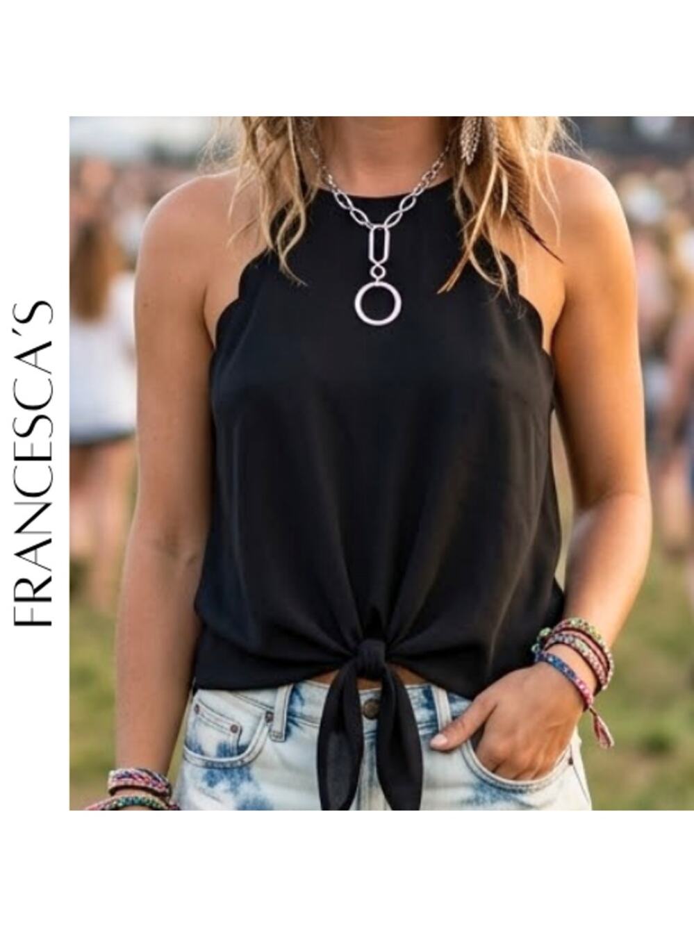 FRANCESCA'S Alya Cree Scallop High Neck Cami XS NWT | Minimalist Tank Top